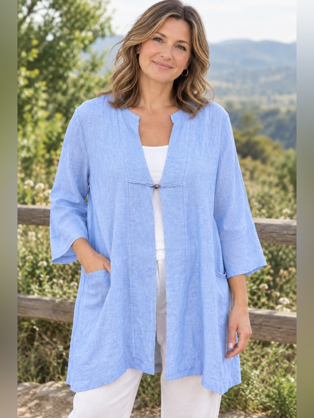 Regalia Handmade Sky Blue Linen Tunic Lagenlook Cardigan- Sz Medium
